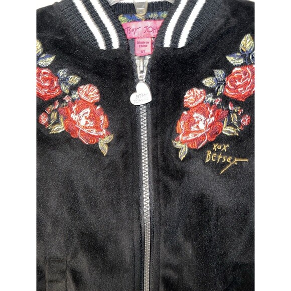 Betsey Johnson Jacket Girls Sz 5T Embroidered Velour Bomber Floral Black Velvet - Picture 2 of 8